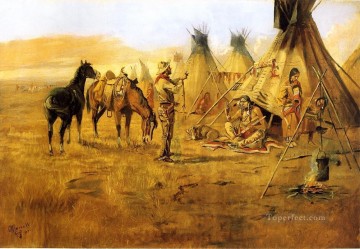  American Pintura al %c3%b3leo - Negociación de vaqueros para una niña india indios vaqueros americanos occidentales Charles Marion Russell
